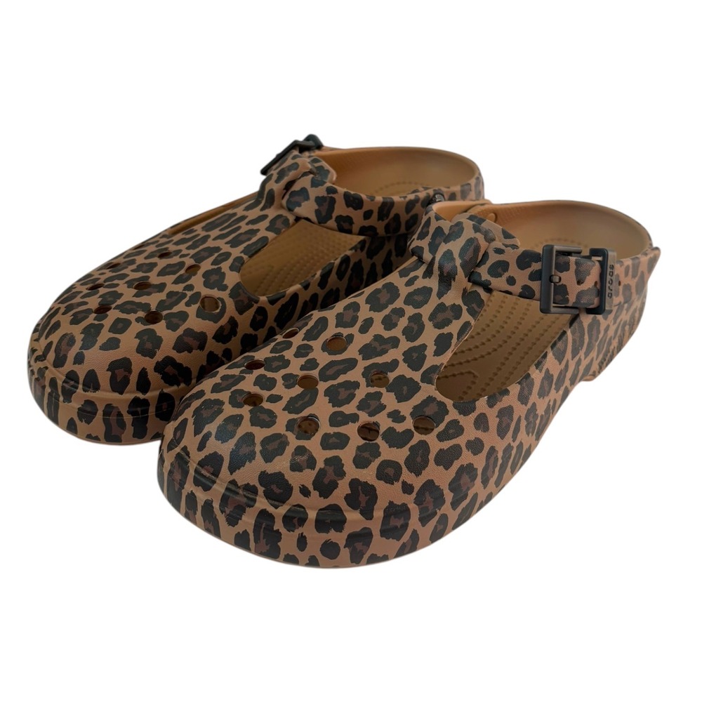 Crocs Stomp Mary Jane Leopard Print Platform Clogs T-Strap Brown Black 10